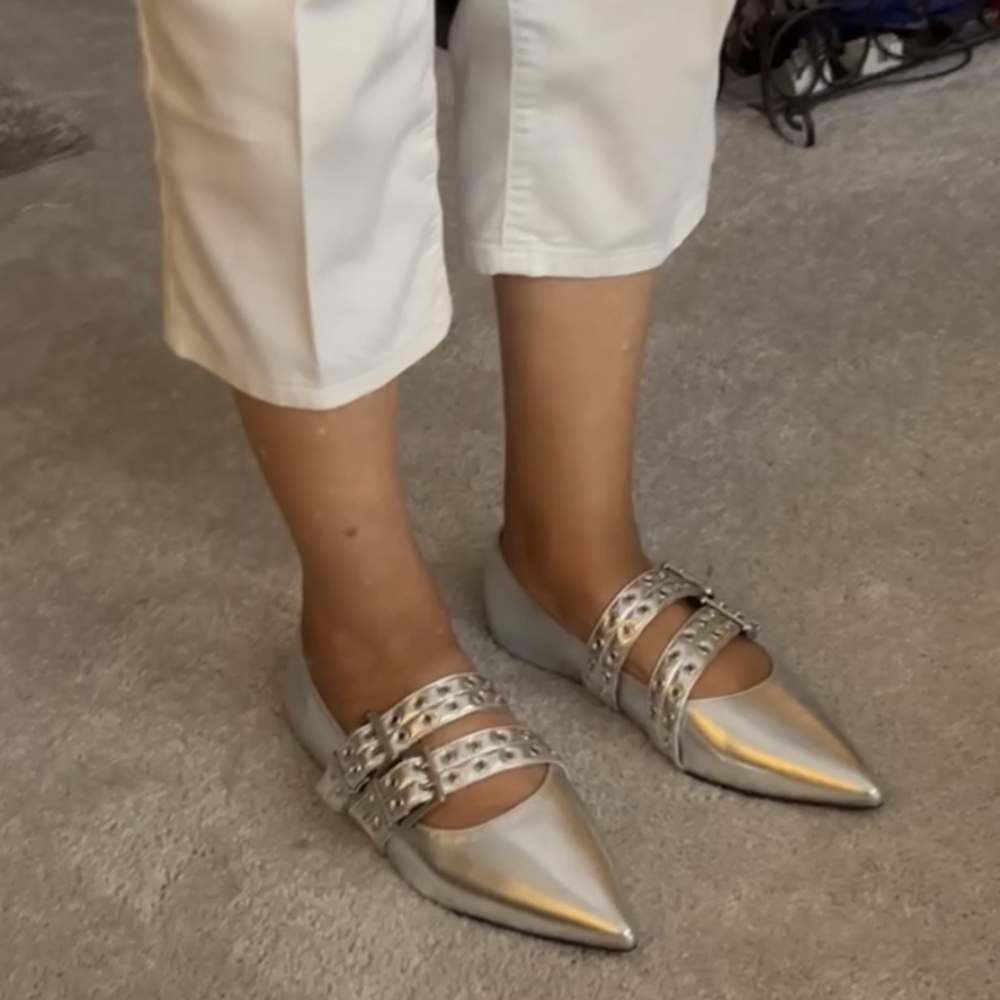 Elegant New Silver Women's Shoes With Straps And Buckles.